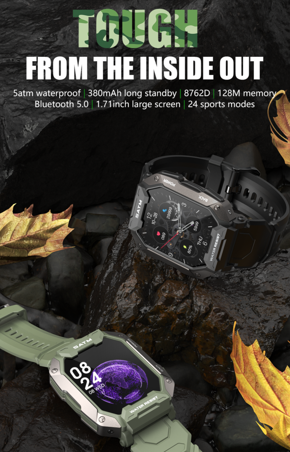 TECHO M1 Rugged Outdoor, Blood Pressure, 5ATM IP69K Waterproof, Bluetooth Smartwatch For Men