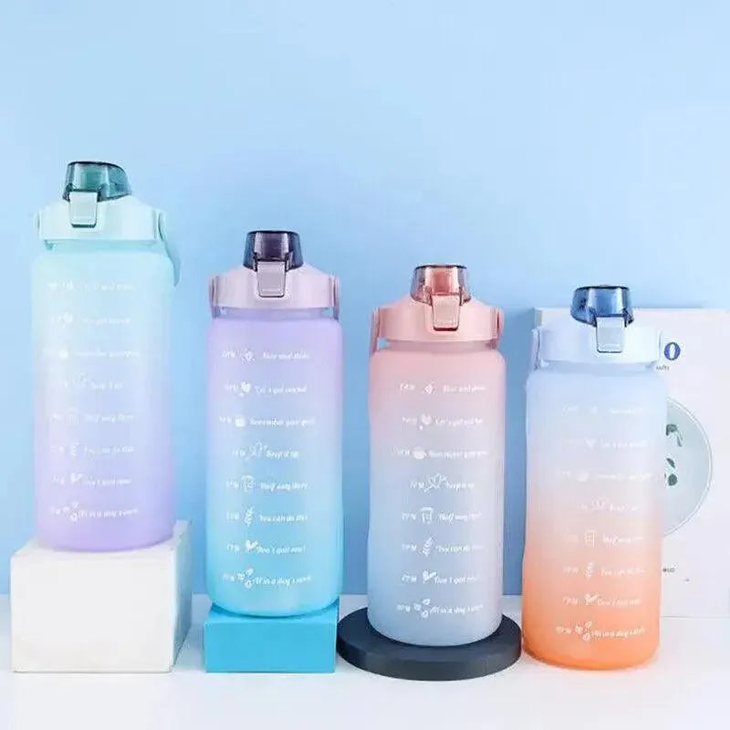 2L Large Water Bottle Straw Time Gradient Cup Fitness Jugs Sport Gym Training - Pink