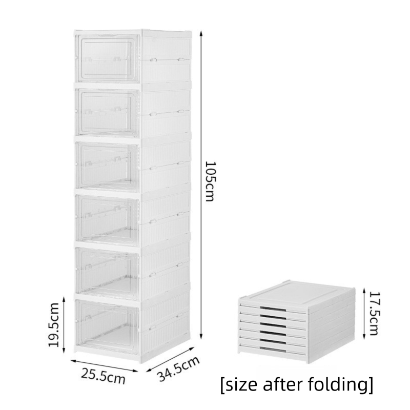 Transparent Brown 6-Layer Foldable Shoe Storage Tower with Transparent Display Panel & Back Ventilation - One-Pull Instant Setup Stackable Box (25.5x34.5x105CM)
