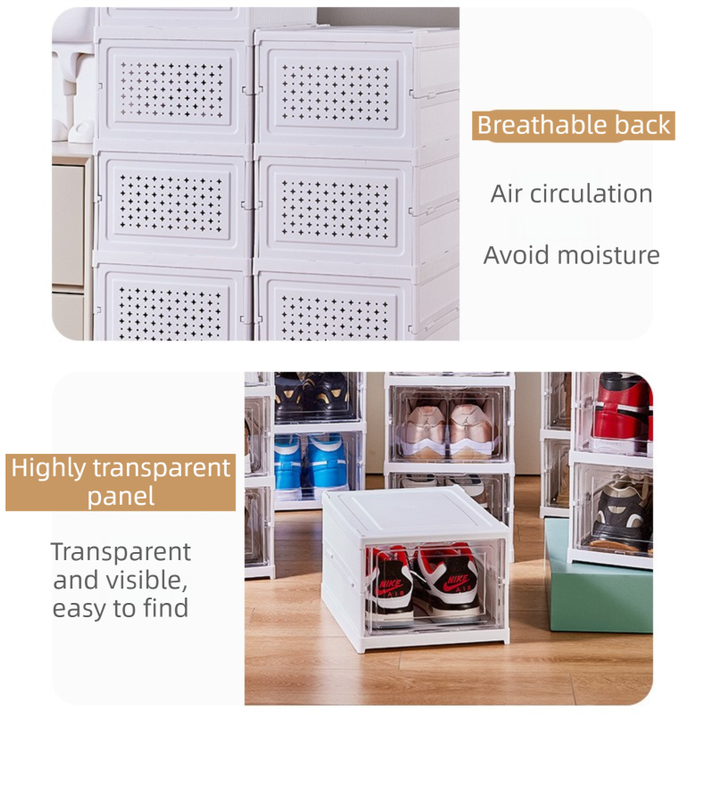 Transparent Brown 6-Layer Foldable Shoe Storage Tower with Transparent Display Panel & Back Ventilation - One-Pull Instant Setup Stackable Box (25.5x34.5x105CM)