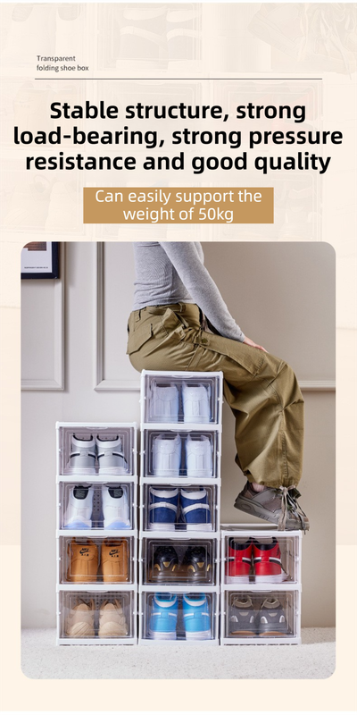 Transparent Brown 6-Layer Foldable Shoe Storage Tower with Transparent Display Panel & Back Ventilation - One-Pull Instant Setup Stackable Box (25.5x34.5x105CM)