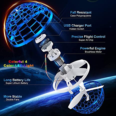 Flying Ball Toys Outdoor Cool Drones for Kids Hover Drones Flying Toy, Built-in RGB Lights Spinner 360° Rotating Spinning UFO Safe for Kids Adults Magic Flying Toys Outdoor Indoor