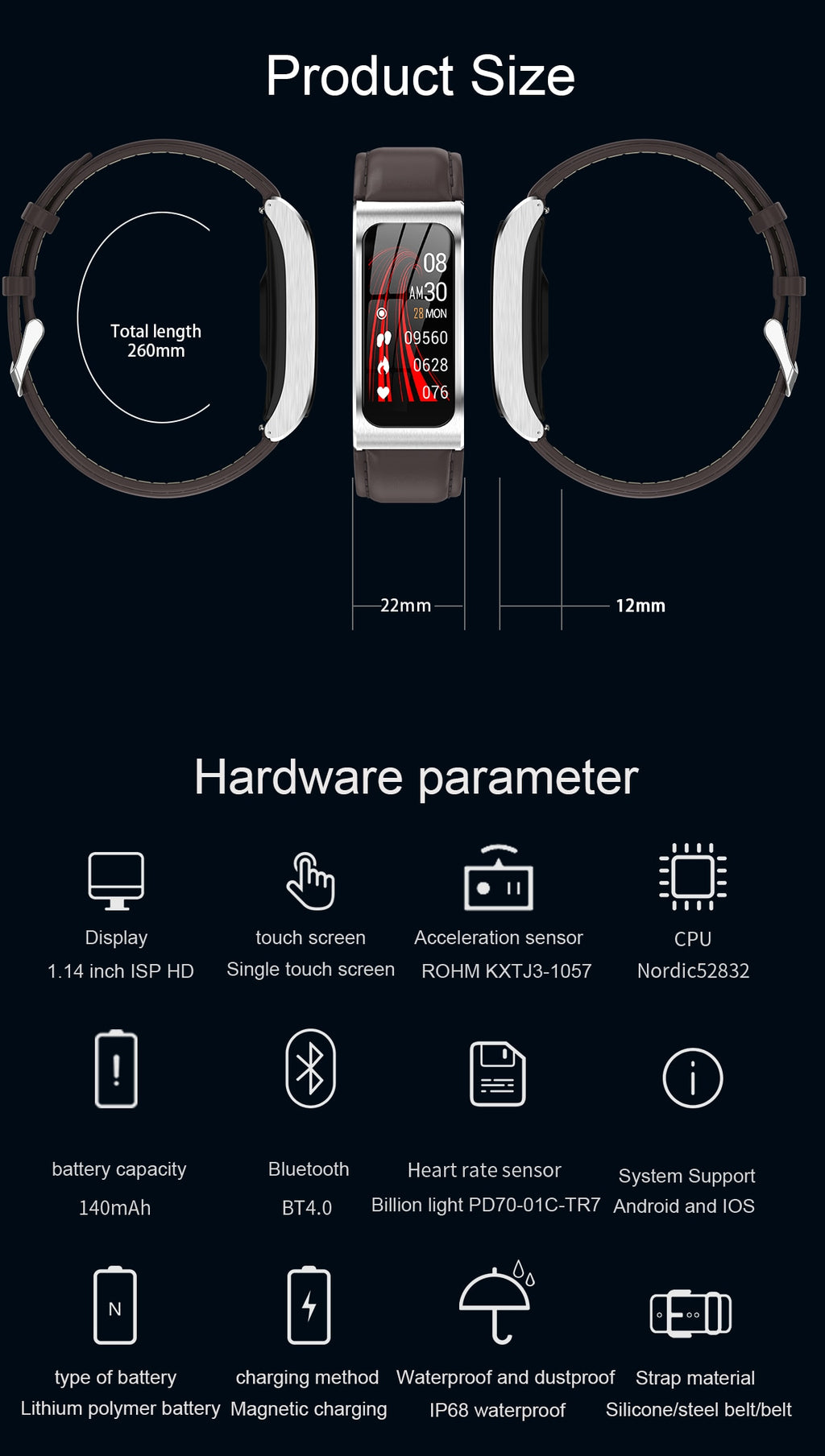 Luxury Smart Bracelet Smartwatch AK12, Bluetooth, Waterproof, Heart rate, iOS/Android