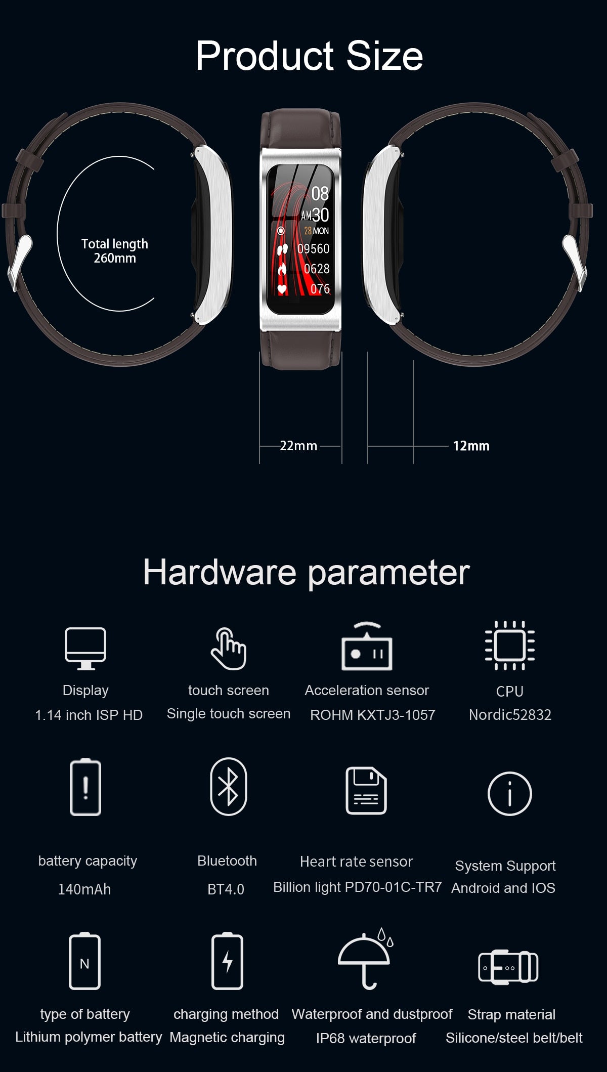 Luxury Smart Bracelet Smartwatch AK12, Bluetooth, Waterproof, Heart rate, iOS/Android