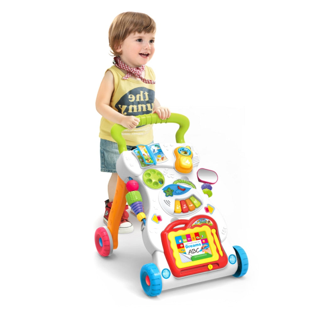 Multifunction Baby Walker Infant Stand-to-Sit Toddler Four Wheels Trolley Kids Learning Walking Toddler Toys Piano Drawing Gift