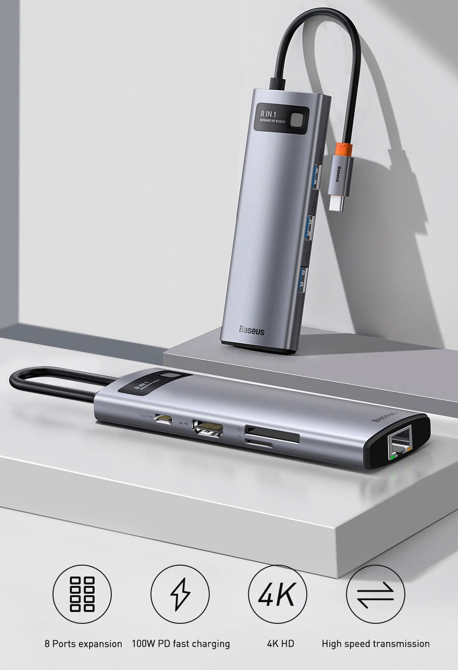 Baseus USB C HUB Type C to HDMI-compatible USB 3.0 Adapter 8 in 1 Type C HUB Dock for MacBook Pro Air USB C Splitter