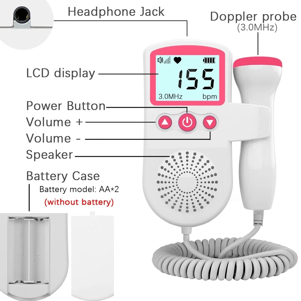Doppler Fetal Heart rate Monitor Home Pregnancy Baby Fetal Sound Heart Rate Detector LCD Display No Radiation